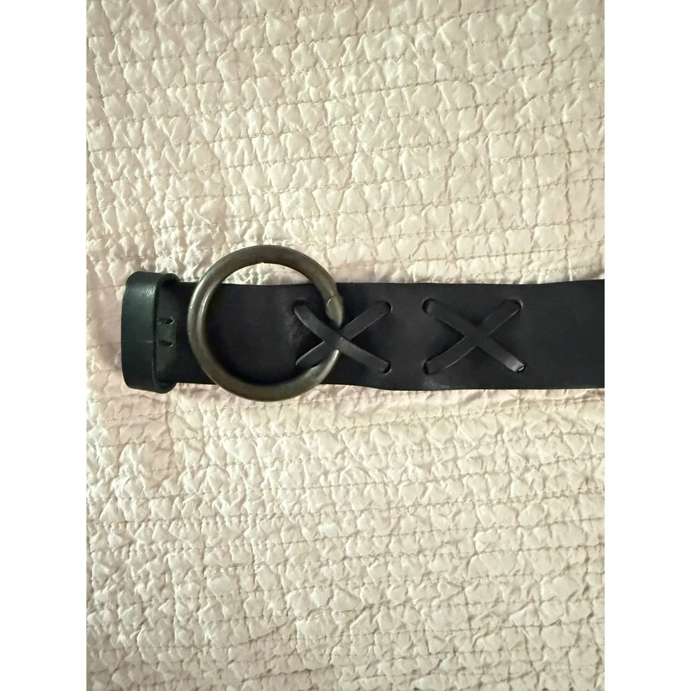Sundance Black Genuine Leather Belt Medium O Ring Buckle Lace Stitch Boho